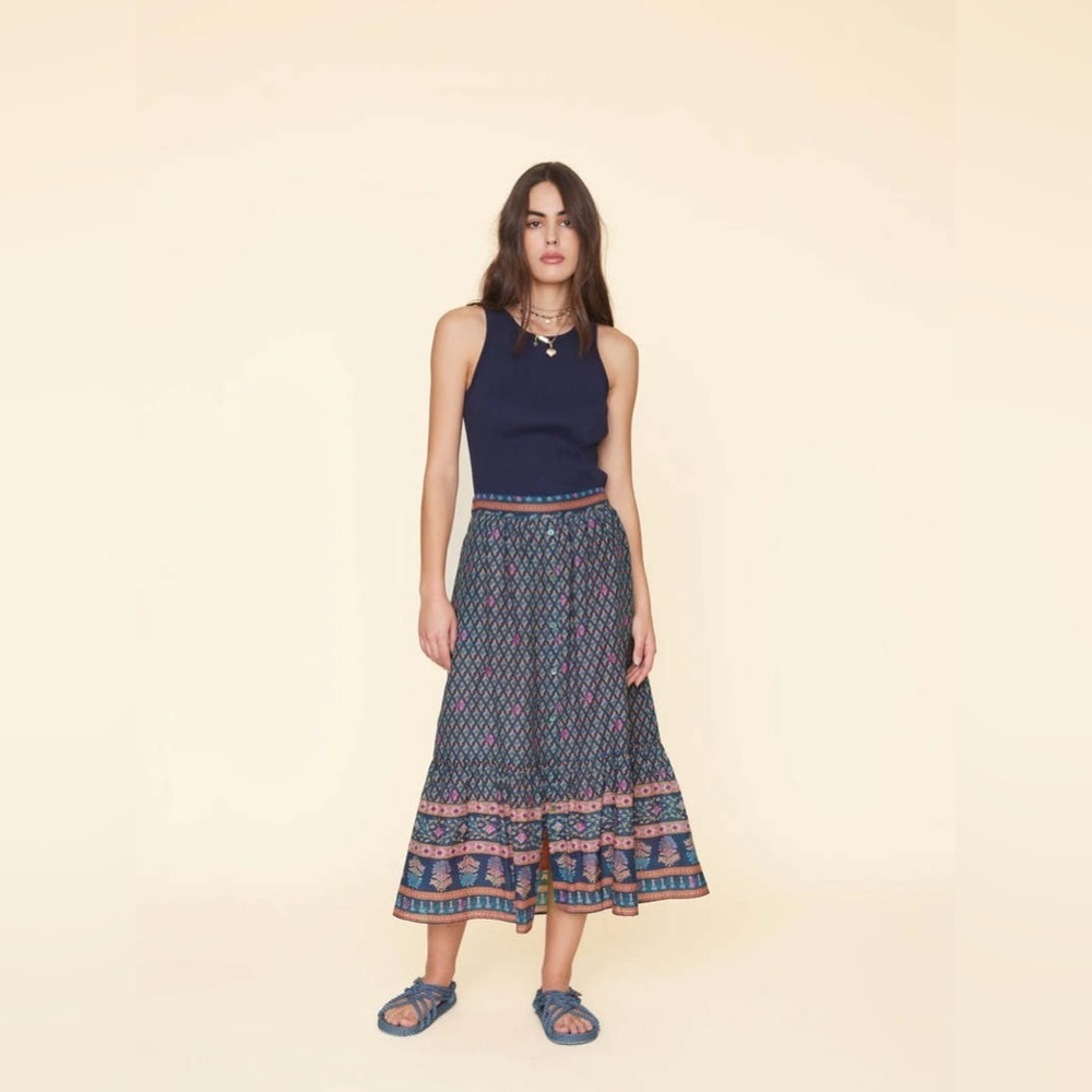 Xirena Taryn‎ Button Down Midi Skirt Navy Posey Floral XL